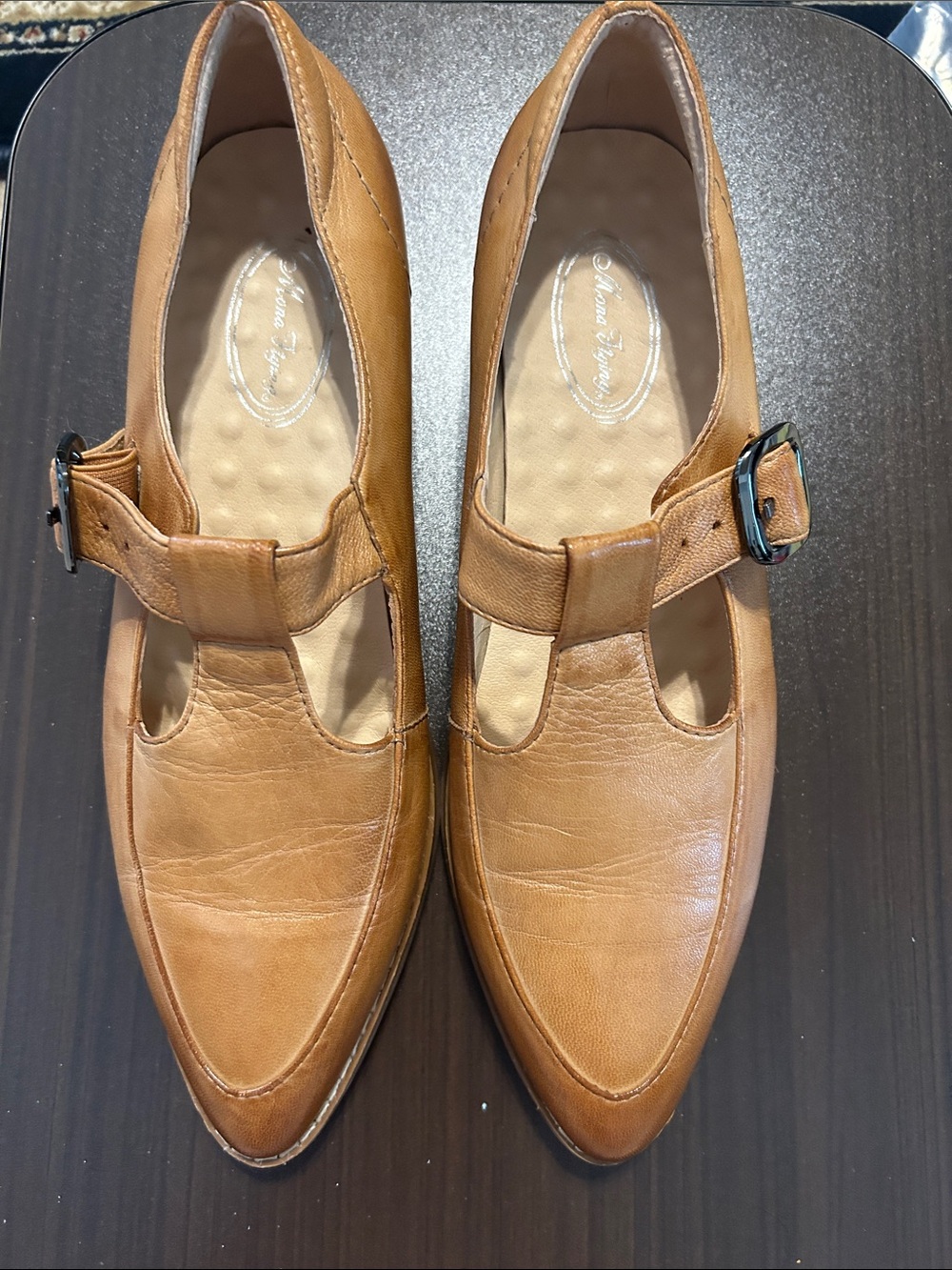 Flying Monkey Tan Leather T‑Strap Slip‑On Loafers